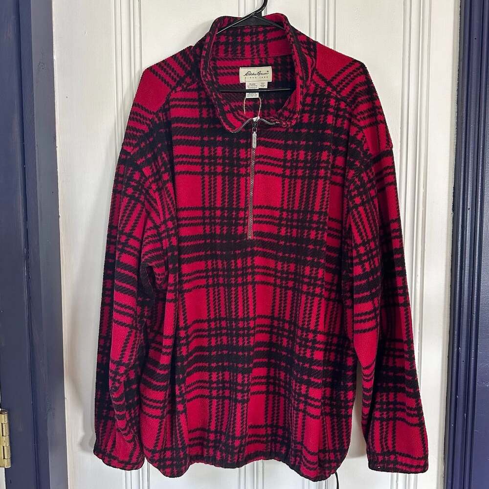 Eddie Bauer 1/4 Zip Fleece Pullover Red Black Plaid, Size XXL